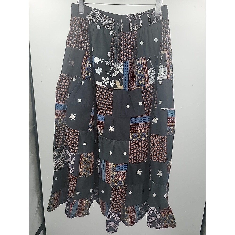 Neelam Patchwork Tiered Boho Midi Skirt OS Dark Cottage Bohemian Gypsy